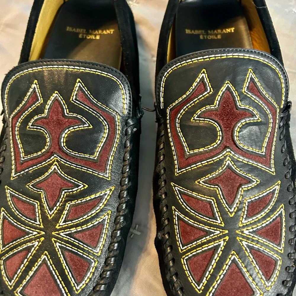 Isabel Marant Etoile Finha Leather and Velvet Embroidered Loafers - Picture 4 of 9